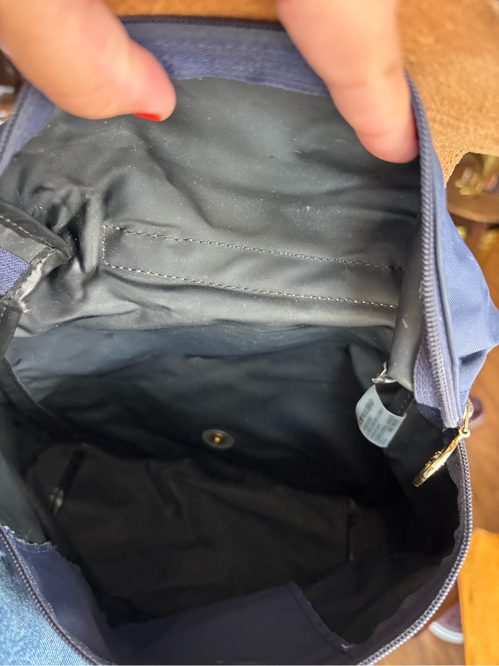Longchamp Le Pliage 1699 Navy Blue Nylon Leather Backpack Brown - Picture 10 of 11
